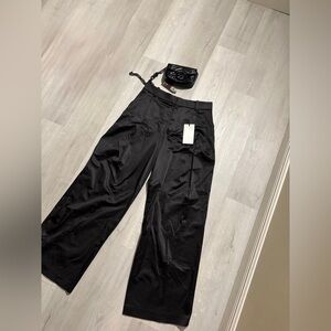ZARA Black Satin Wide-Leg Trousers – High Waist Dress Pants-Brand New